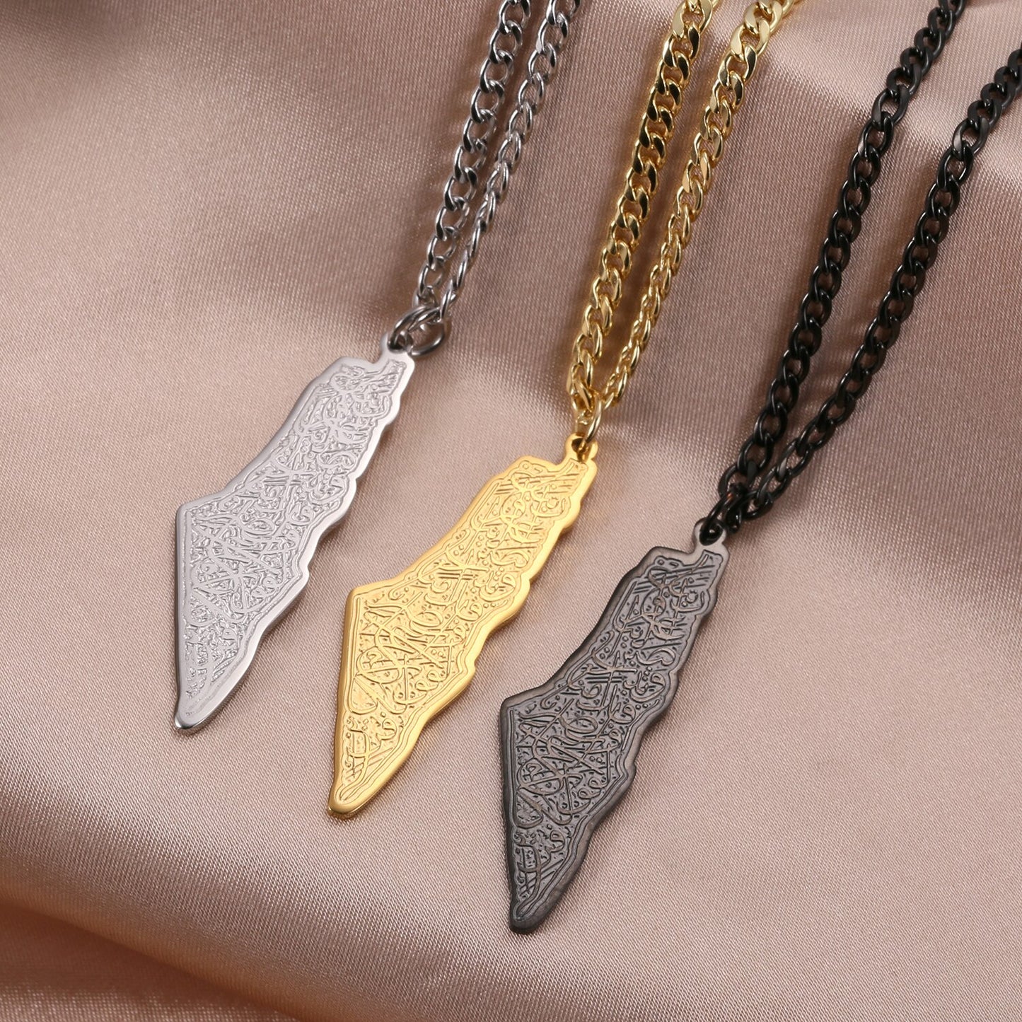 Palestine Calligraphy Map Necklace (Engravable)